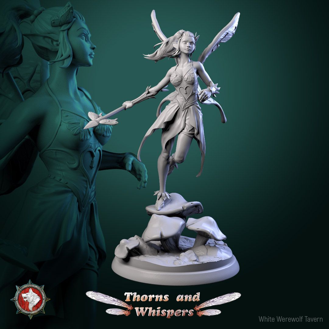 Glimmer Guardian Model 4, 32mm fairy warrior leaping with a butterfly-tipped spear in one hand