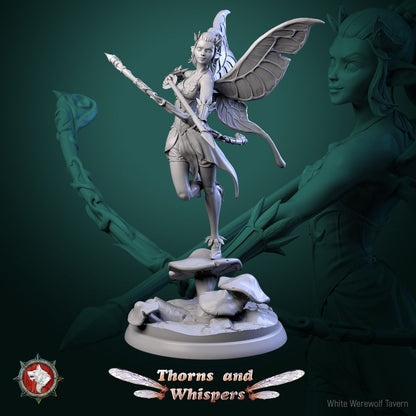 Glimmer Guardian Model 6, 32mm fairy warrior holding her spear in both hands atop a mushroom cap