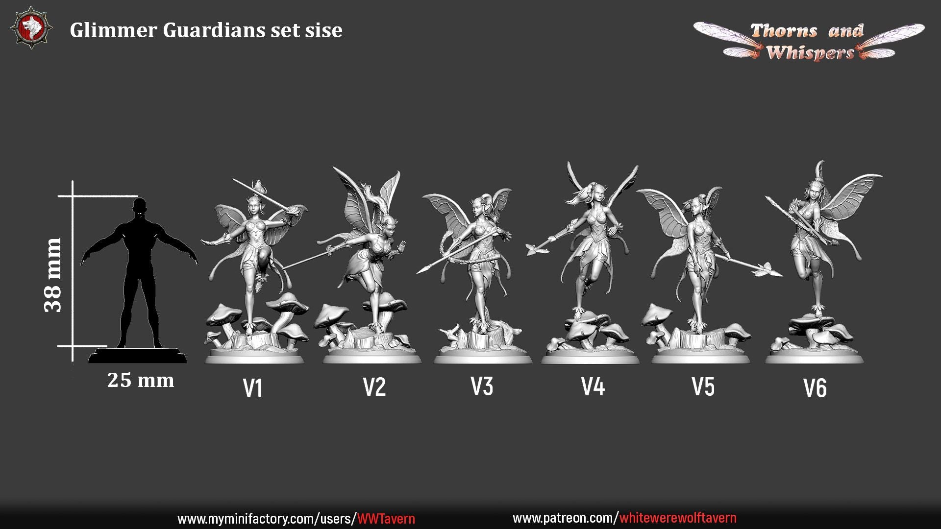 Glimmer Guardians dimension sheet, six 32mm sculpts labeled V1 to V6 at 38mm height with scale silhouette