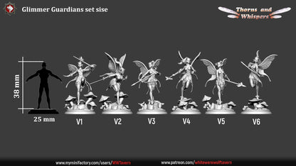 Glimmer Guardians dimension sheet, six 32mm sculpts labeled V1 to V6 at 38mm height with scale silhouette