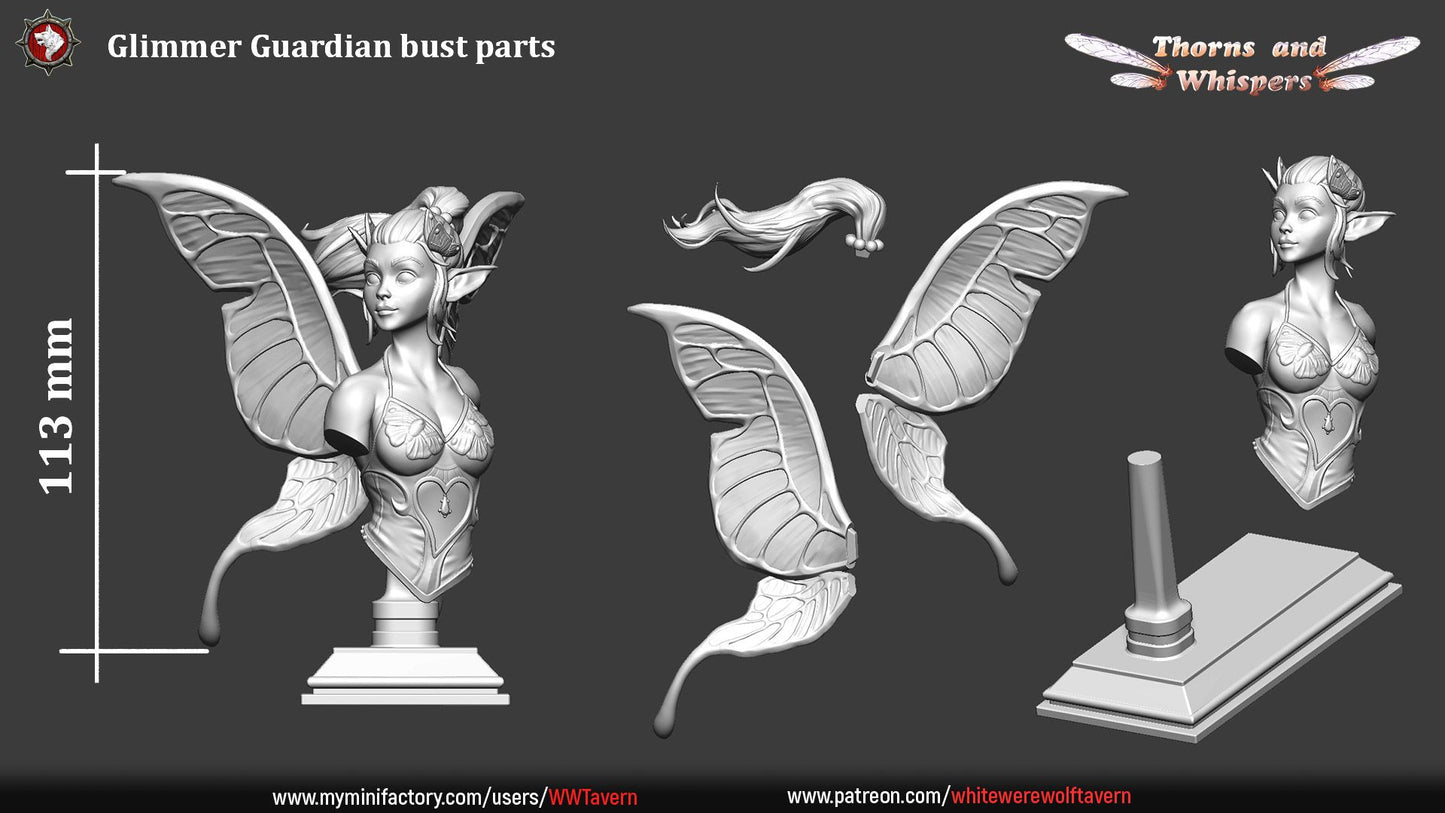 Glimmer Guardian bust parts sheet, 113mm height with separate wings, hair and plinth
