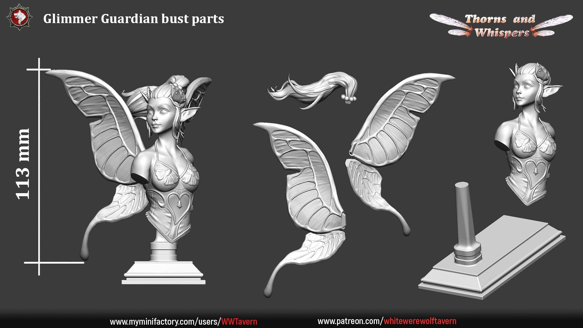 Glimmer Guardian bust parts sheet, 113mm height with separate wings, hair and plinth