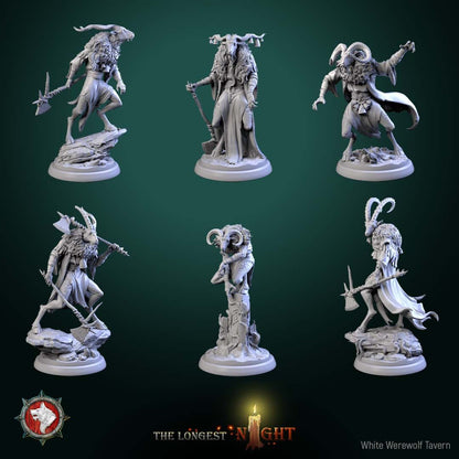 Render of Goatmen | 32mm Beastmen Miniatures | White Werewolf: Six horned goat-headed beastmen with axes, pick, and sickle on rocky rounds, from White Werewolf's The Longest Night. 32mm resin, single or full set.