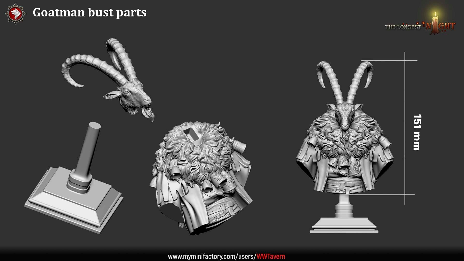 Render of Goatman Bust | Beastman Collector Bust | White Werewolf: Ridge-horned goatman bust with shaggy mane, bells, and knotwork pauldrons, from White Werewolf's The Longest Night. 3D printed resin collector bust.