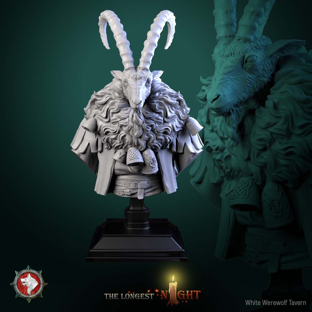 Render of Goatman Bust | Beastman Collector Bust | White Werewolf: Ridge-horned goatman bust with shaggy mane, bells, and knotwork pauldrons, from White Werewolf's The Longest Night. 3D printed resin collector bust.
