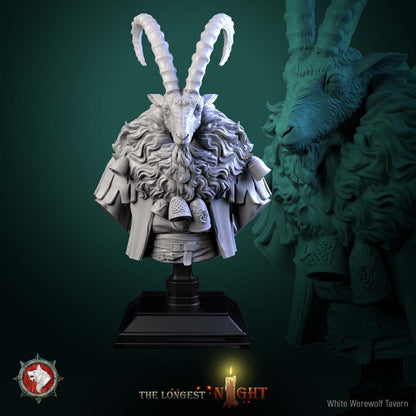 Render of Goatman Bust | Beastman Collector Bust | White Werewolf: Ridge-horned goatman bust with shaggy mane, bells, and knotwork pauldrons, from White Werewolf's The Longest Night. 3D printed resin collector bust.