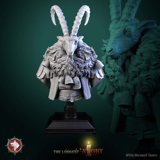 Render of Goatman Bust | Beastman Collector Bust | White Werewolf: Ridge-horned goatman bust with shaggy mane, bells, and knotwork pauldrons, from White Werewolf's The Longest Night. 3D printed resin collector bust.