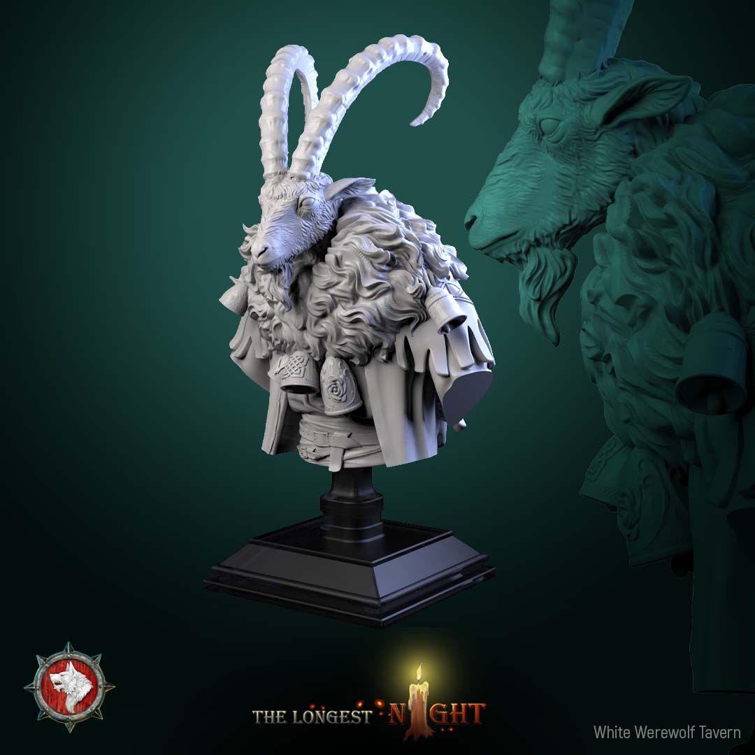 Render of Goatman Bust | Beastman Collector Bust | White Werewolf: Ridge-horned goatman bust with shaggy mane, bells, and knotwork pauldrons, from White Werewolf's The Longest Night. 3D printed resin collector bust.