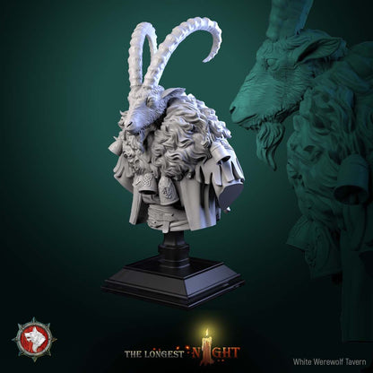 Render of Goatman Bust | Beastman Collector Bust | White Werewolf: Ridge-horned goatman bust with shaggy mane, bells, and knotwork pauldrons, from White Werewolf's The Longest Night. 3D printed resin collector bust.