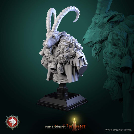 Render of Goatman Bust | Beastman Collector Bust | White Werewolf: Ridge-horned goatman bust with shaggy mane, bells, and knotwork pauldrons, from White Werewolf's The Longest Night. 3D printed resin collector bust.