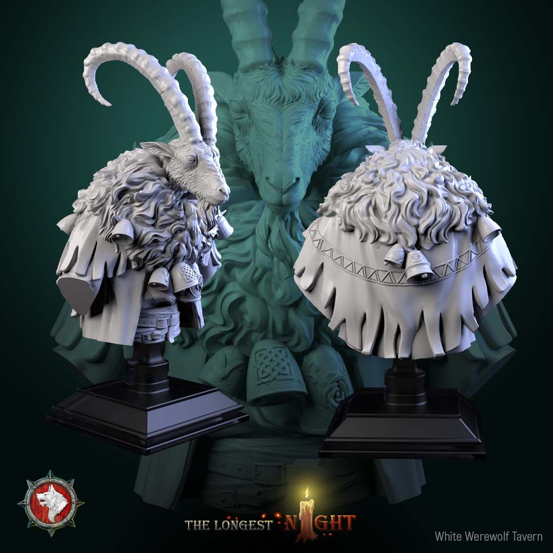 Render of Goatman Bust | Beastman Collector Bust | White Werewolf: Ridge-horned goatman bust with shaggy mane, bells, and knotwork pauldrons, from White Werewolf's The Longest Night. 3D printed resin collector bust.