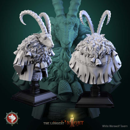 Render of Goatman Bust | Beastman Collector Bust | White Werewolf: Ridge-horned goatman bust with shaggy mane, bells, and knotwork pauldrons, from White Werewolf's The Longest Night. 3D printed resin collector bust.