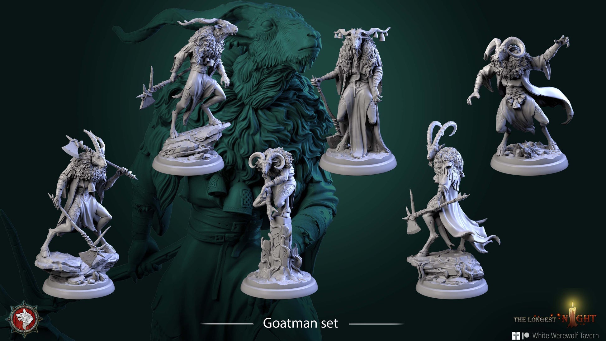 Render of Goatmen | 32mm Beastmen Miniatures | White Werewolf: Six horned goat-headed beastmen with axes, pick, and sickle on rocky rounds, from White Werewolf's The Longest Night. 32mm resin, single or full set.