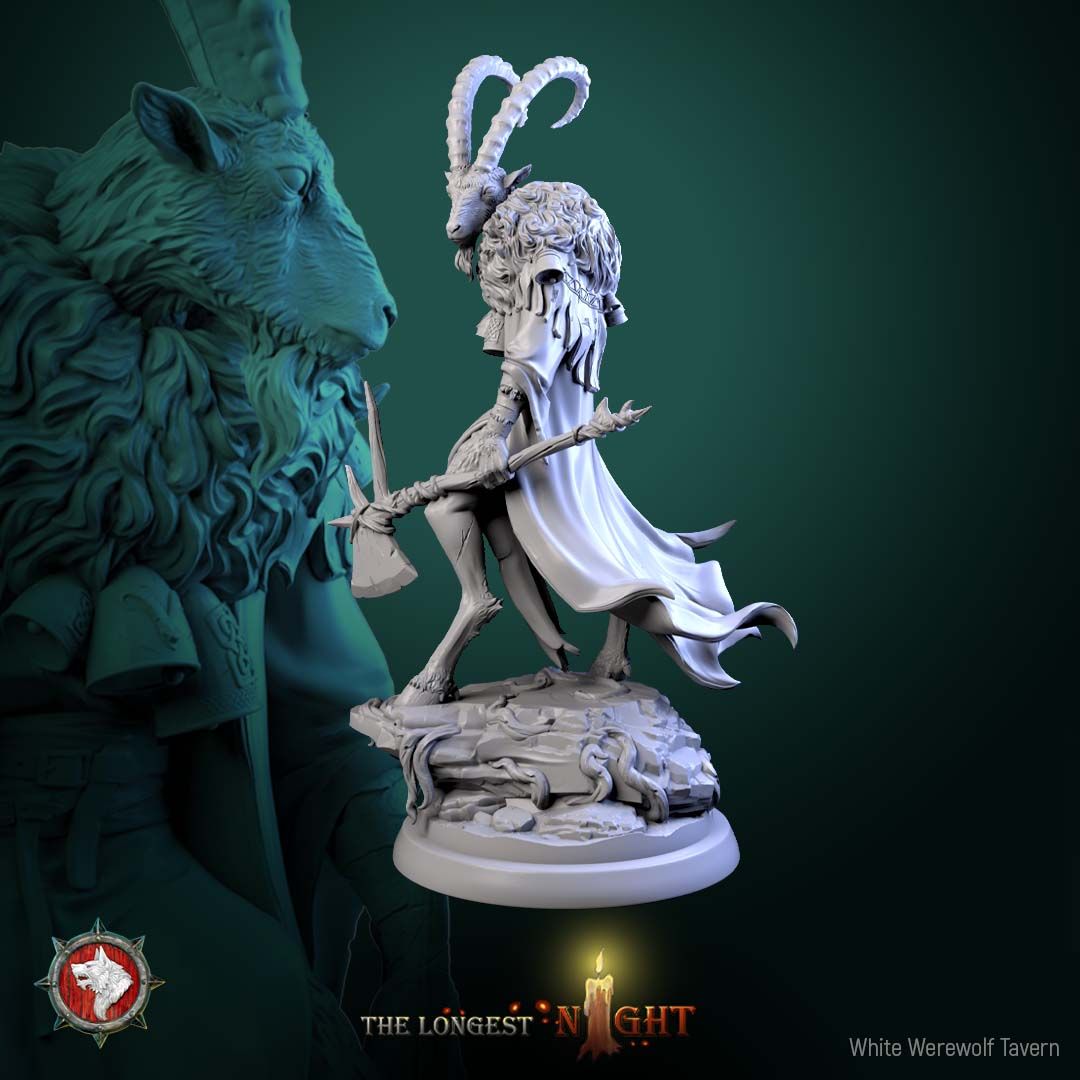 Render of Goatmen | 32mm Beastmen Miniatures | White Werewolf: Six horned goat-headed beastmen with axes, pick, and sickle on rocky rounds, from White Werewolf's The Longest Night. 32mm resin, single or full set.
