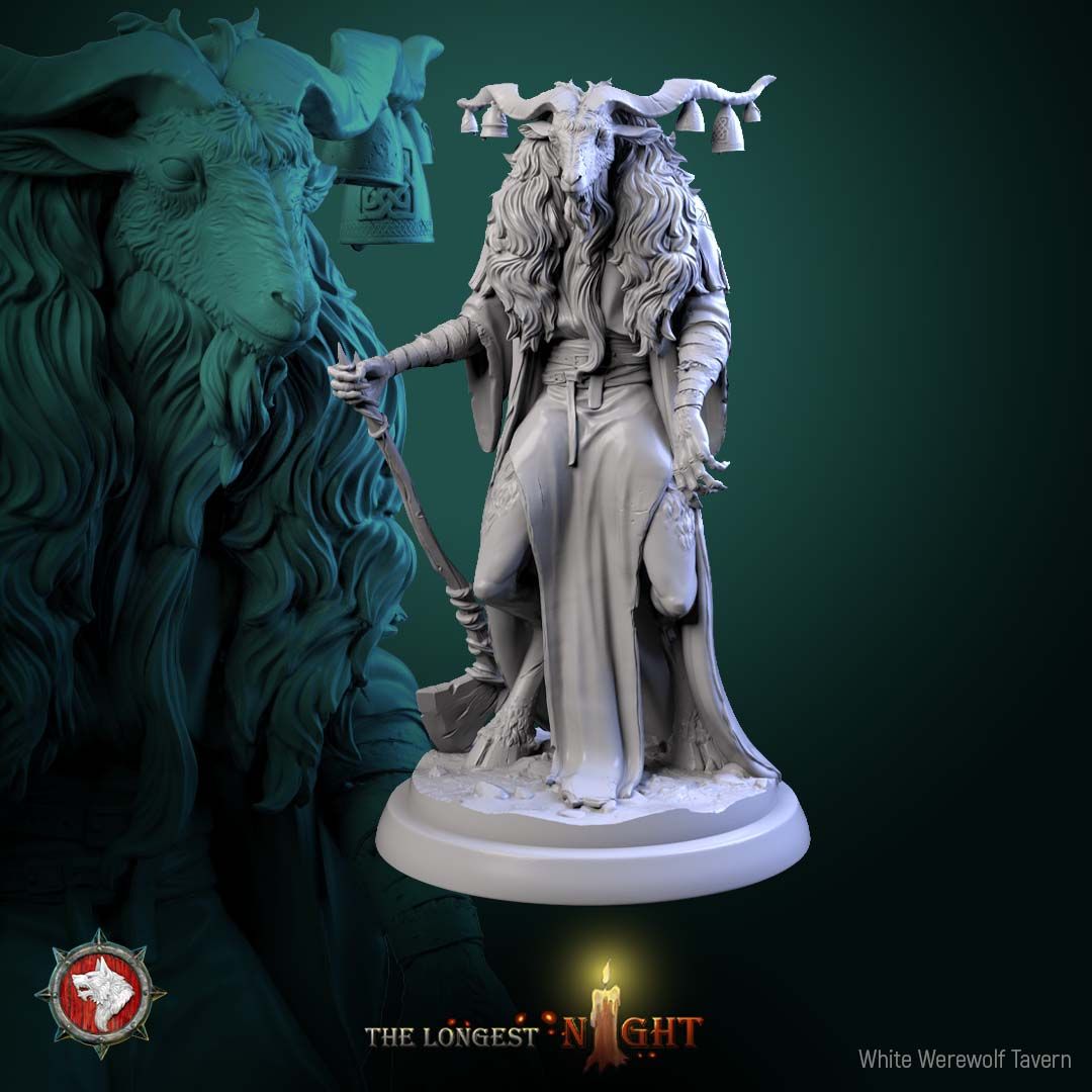 Render of Goatmen | 32mm Beastmen Miniatures | White Werewolf: Six horned goat-headed beastmen with axes, pick, and sickle on rocky rounds, from White Werewolf's The Longest Night. 32mm resin, single or full set.