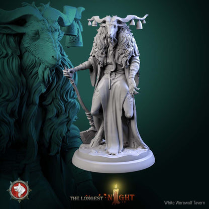 Render of Goatmen | 32mm Beastmen Miniatures | White Werewolf: Six horned goat-headed beastmen with axes, pick, and sickle on rocky rounds, from White Werewolf's The Longest Night. 32mm resin, single or full set.