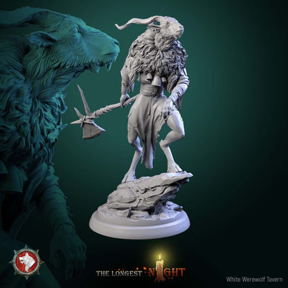 Render of Goatmen | 32mm Beastmen Miniatures | White Werewolf: Six horned goat-headed beastmen with axes, pick, and sickle on rocky rounds, from White Werewolf's The Longest Night. 32mm resin, single or full set.