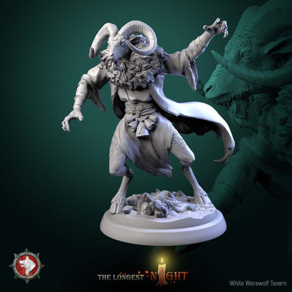 Render of Goatmen | 32mm Beastmen Miniatures | White Werewolf: Six horned goat-headed beastmen with axes, pick, and sickle on rocky rounds, from White Werewolf's The Longest Night. 32mm resin, single or full set.