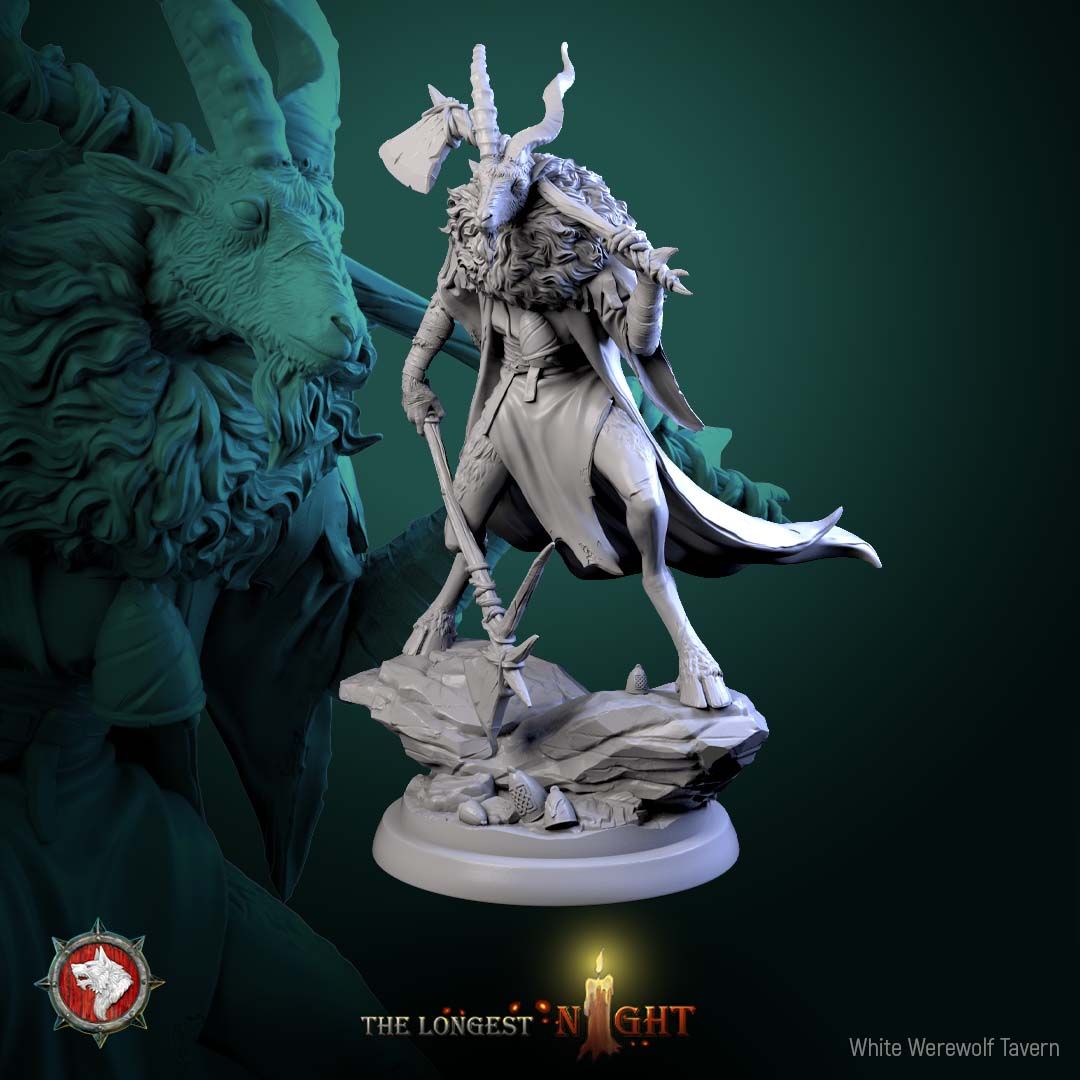 Render of Goatmen | 32mm Beastmen Miniatures | White Werewolf: Six horned goat-headed beastmen with axes, pick, and sickle on rocky rounds, from White Werewolf's The Longest Night. 32mm resin, single or full set.