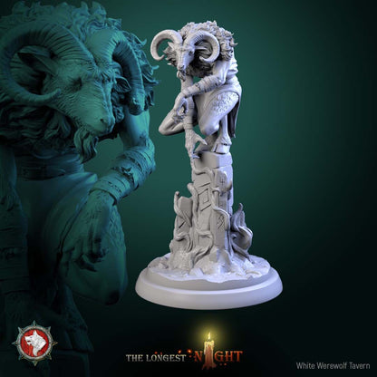 Render of Goatmen | 32mm Beastmen Miniatures | White Werewolf: Six horned goat-headed beastmen with axes, pick, and sickle on rocky rounds, from White Werewolf's The Longest Night. 32mm resin, single or full set.