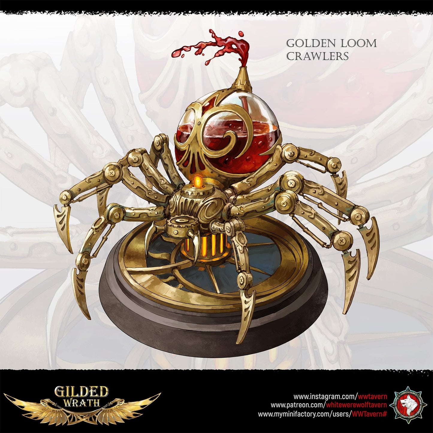Render of Golden Loom Crawlers | 32mm Spider Construct Miniatures: Six orb-bodied filigree spider constructs with bladed legs, from White Werewolf's Gilded Wrath. 32mm 3D printed resin, single or full set.