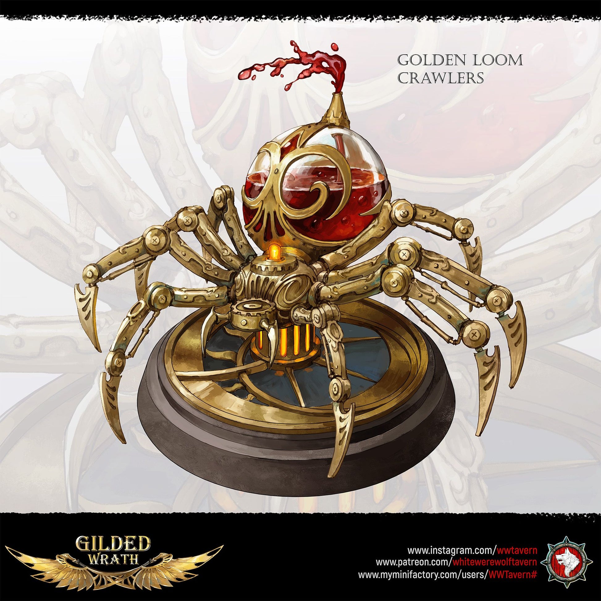 Render of Golden Loom Crawlers | 32mm Spider Construct Miniatures: Six orb-bodied filigree spider constructs with bladed legs, from White Werewolf's Gilded Wrath. 32mm 3D printed resin, single or full set.