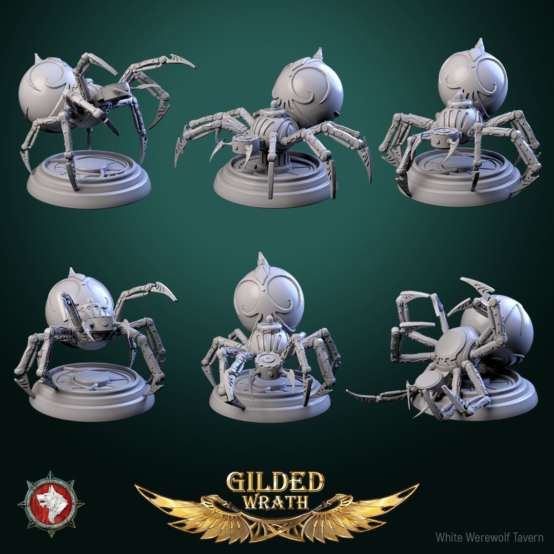Render of Golden Loom Crawlers | 32mm Spider Construct Miniatures: Six orb-bodied filigree spider constructs with bladed legs, from White Werewolf's Gilded Wrath. 32mm 3D printed resin, single or full set.