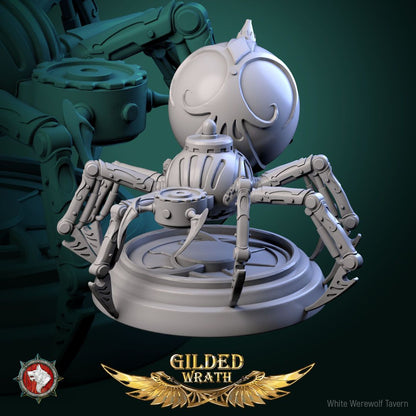 Render of Golden Loom Crawlers | 32mm Spider Construct Miniatures: Six orb-bodied filigree spider constructs with bladed legs, from White Werewolf's Gilded Wrath. 32mm 3D printed resin, single or full set.