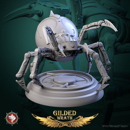 Render of Golden Loom Crawlers | 32mm Spider Construct Miniatures: Six orb-bodied filigree spider constructs with bladed legs, from White Werewolf's Gilded Wrath. 32mm 3D printed resin, single or full set.