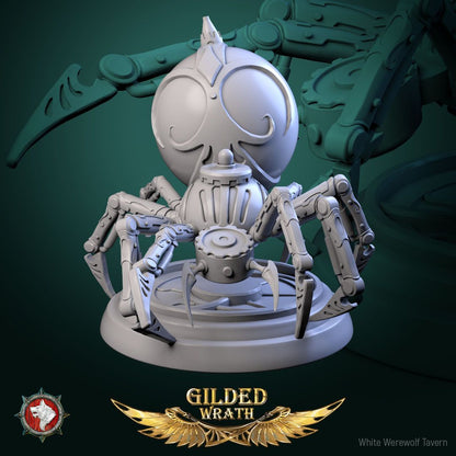Render of Golden Loom Crawlers | 32mm Spider Construct Miniatures: Six orb-bodied filigree spider constructs with bladed legs, from White Werewolf's Gilded Wrath. 32mm 3D printed resin, single or full set.