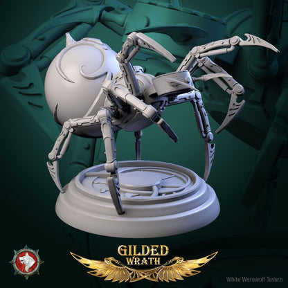 Render of Golden Loom Crawlers | 32mm Spider Construct Miniatures: Six orb-bodied filigree spider constructs with bladed legs, from White Werewolf's Gilded Wrath. 32mm 3D printed resin, single or full set.