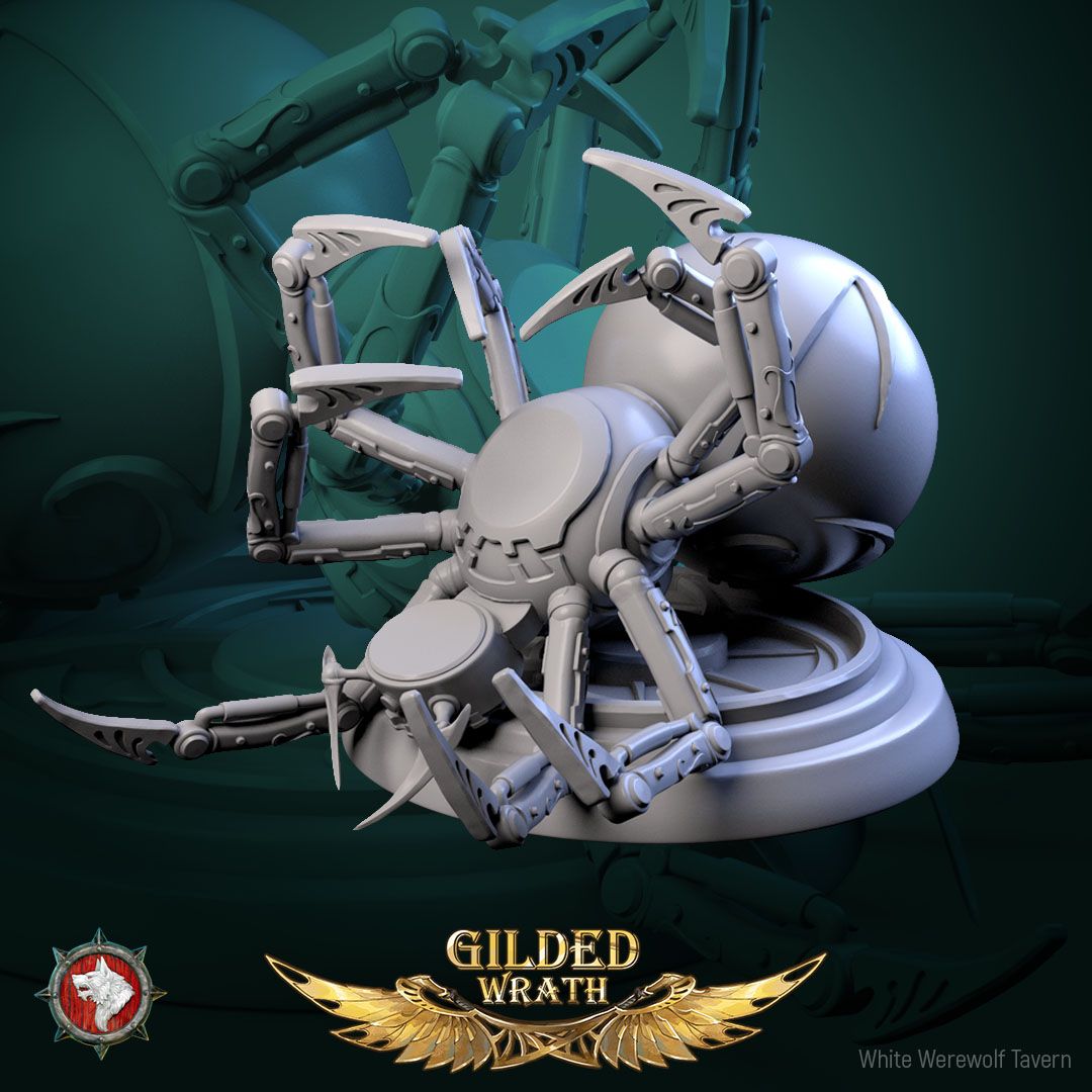 Render of Golden Loom Crawlers | 32mm Spider Construct Miniatures: Six orb-bodied filigree spider constructs with bladed legs, from White Werewolf's Gilded Wrath. 32mm 3D printed resin, single or full set.