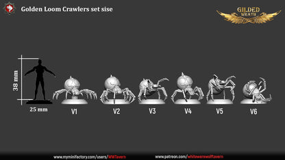 Render of Golden Loom Crawlers | 32mm Spider Construct Miniatures: Six orb-bodied filigree spider constructs with bladed legs, from White Werewolf's Gilded Wrath. 32mm 3D printed resin, single or full set.