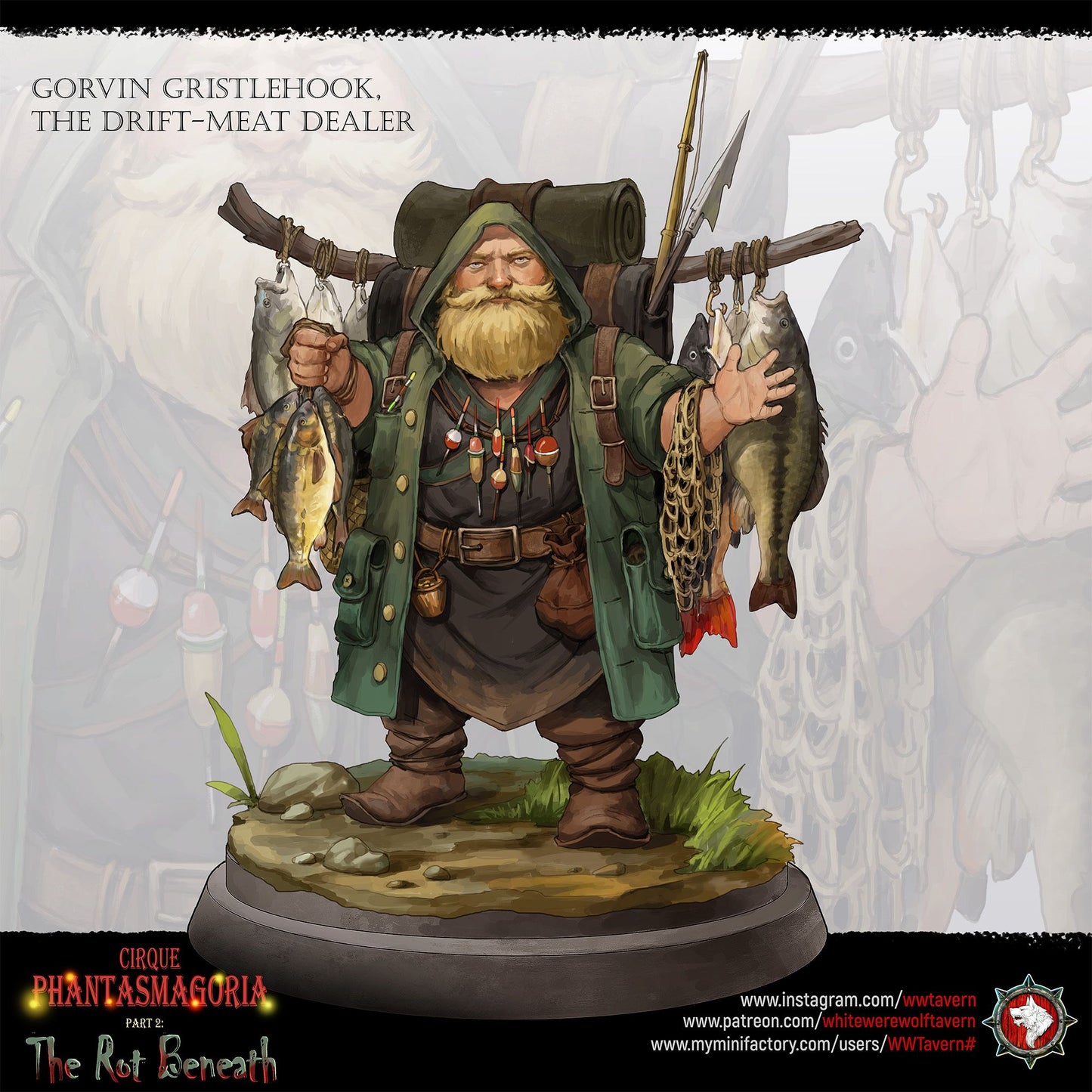Render of Gorvin Gristlehook | 32-75mm Dwarf Fish Peddler Miniature: Dwarf fish peddler with pack rig, rods, and strung fish, from White Werewolf's The Rot Beneath dark circus. 32-75mm 3D printed resin miniature.