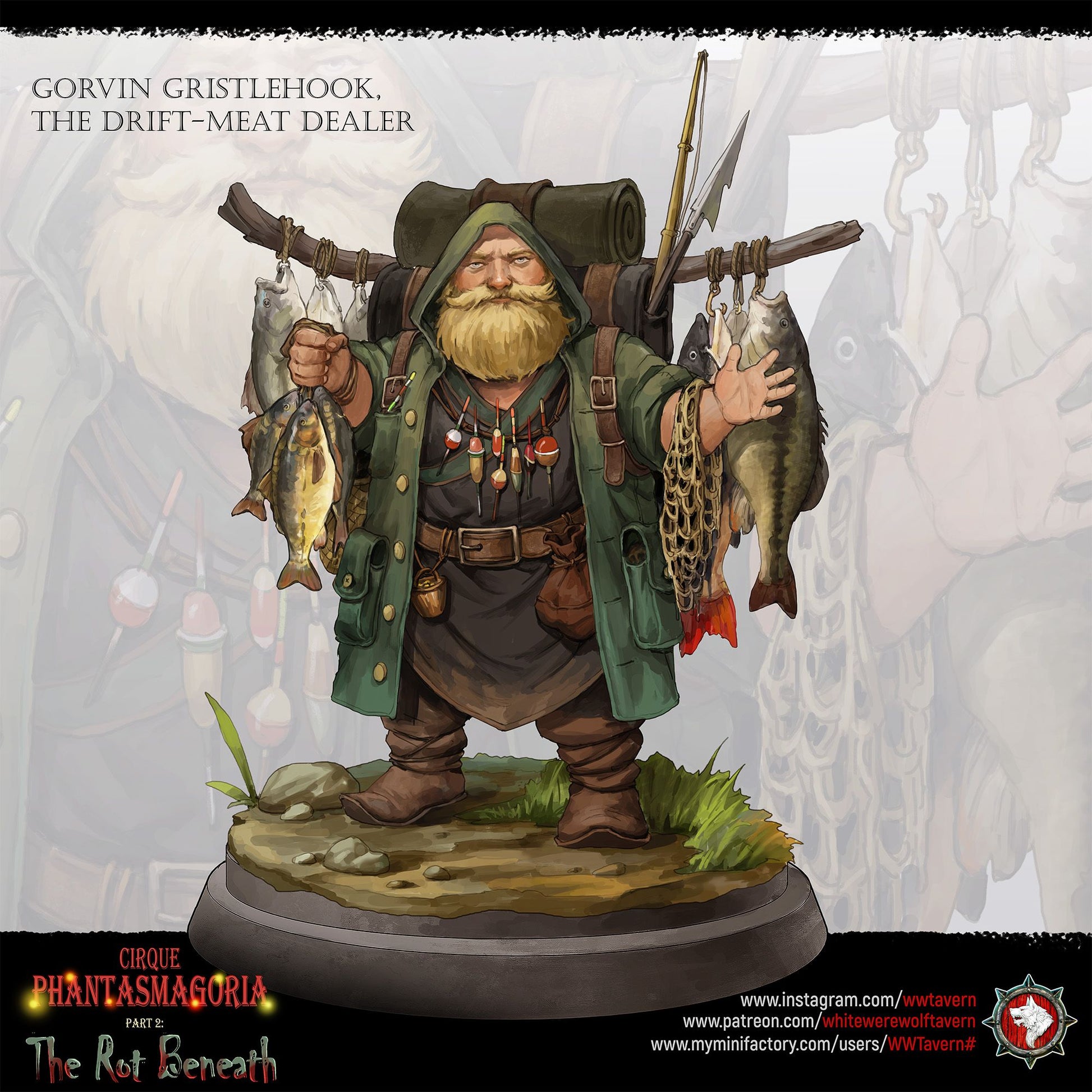 Render of Gorvin Gristlehook | 32-75mm Dwarf Fish Peddler Miniature: Dwarf fish peddler with pack rig, rods, and strung fish, from White Werewolf's The Rot Beneath dark circus. 32-75mm 3D printed resin miniature.