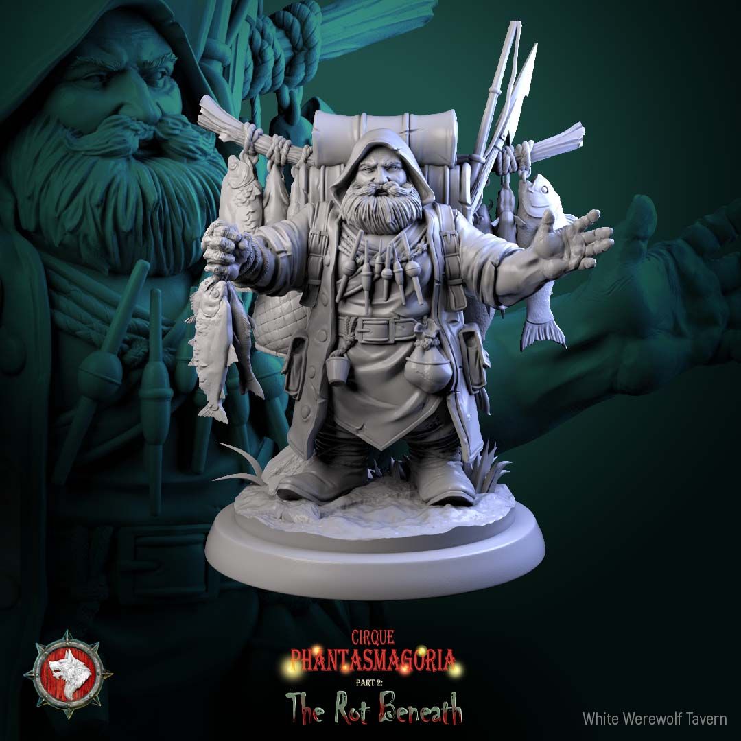 Render of Gorvin Gristlehook | 32-75mm Dwarf Fish Peddler Miniature: Dwarf fish peddler with pack rig, rods, and strung fish, from White Werewolf's The Rot Beneath dark circus. 32-75mm 3D printed resin miniature.
