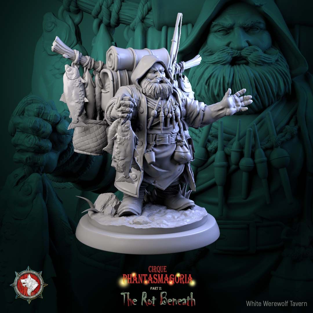 Render of Gorvin Gristlehook | 32-75mm Dwarf Fish Peddler Miniature: Dwarf fish peddler with pack rig, rods, and strung fish, from White Werewolf's The Rot Beneath dark circus. 32-75mm 3D printed resin miniature.