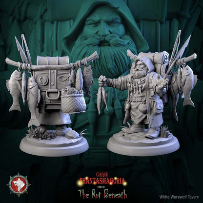 Render of Gorvin Gristlehook | 32-75mm Dwarf Fish Peddler Miniature: Dwarf fish peddler with pack rig, rods, and strung fish, from White Werewolf's The Rot Beneath dark circus. 32-75mm 3D printed resin miniature.