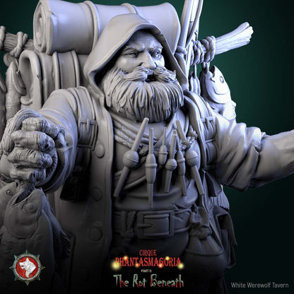 Render of Gorvin Gristlehook | 32-75mm Dwarf Fish Peddler Miniature: Dwarf fish peddler with pack rig, rods, and strung fish, from White Werewolf's The Rot Beneath dark circus. 32-75mm 3D printed resin miniature.