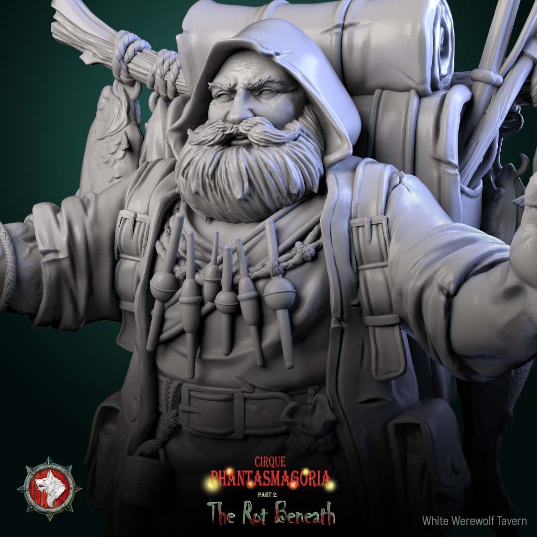 Render of Gorvin Gristlehook | 32-75mm Dwarf Fish Peddler Miniature: Dwarf fish peddler with pack rig, rods, and strung fish, from White Werewolf's The Rot Beneath dark circus. 32-75mm 3D printed resin miniature.