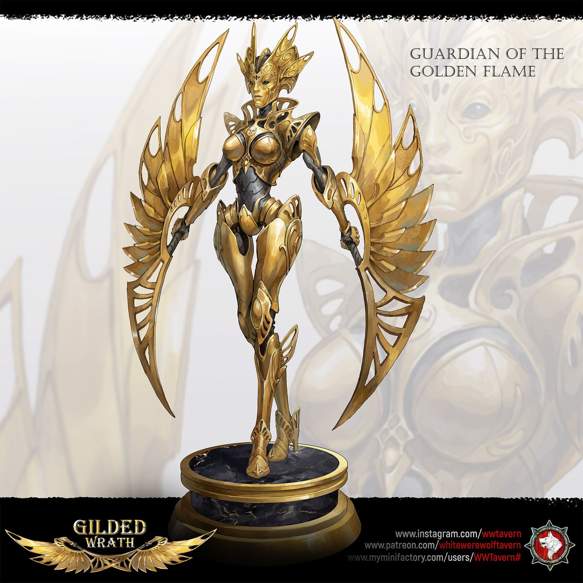 Render of Guardian of the Golden Flame | 32-75mm Construct Miniature: Filigree-masked guardian automaton with crescent blade-wings, from White Werewolf's Gilded Wrath. 32-75mm 3D printed resin construct miniature.