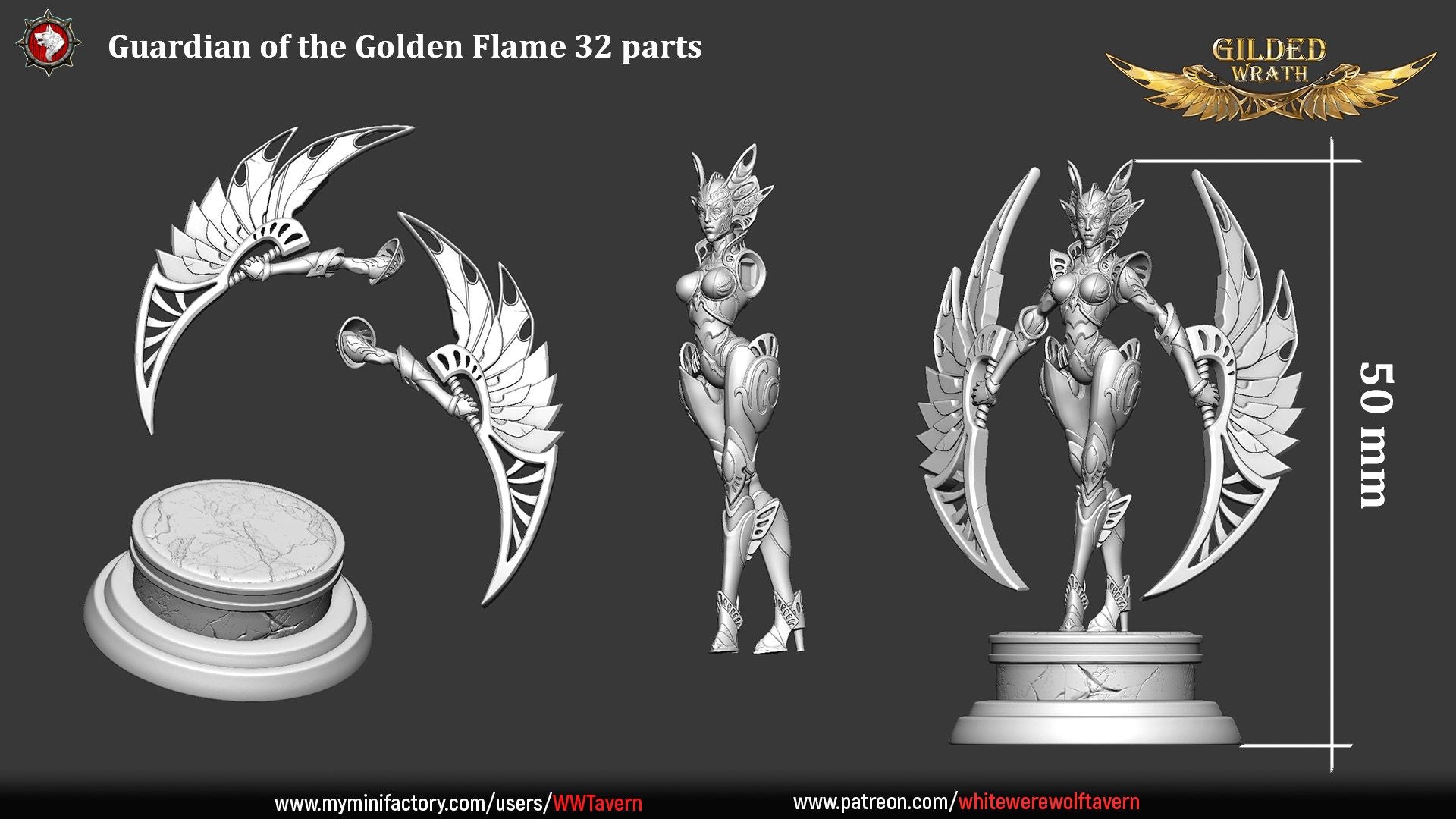Render of Guardian of the Golden Flame | 32-75mm Construct Miniature: Filigree-masked guardian automaton with crescent blade-wings, from White Werewolf's Gilded Wrath. 32-75mm 3D printed resin construct miniature.