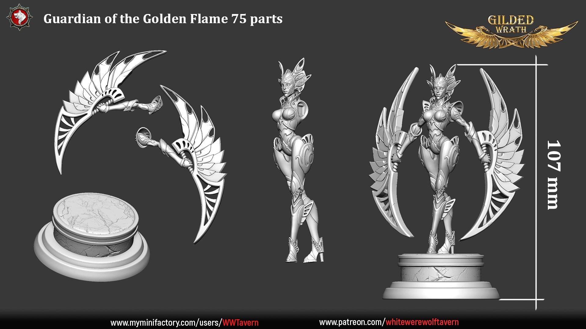 Render of Guardian of the Golden Flame | 32-75mm Construct Miniature: Filigree-masked guardian automaton with crescent blade-wings, from White Werewolf's Gilded Wrath. 32-75mm 3D printed resin construct miniature.