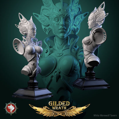 Render of Golden Flame Guardian Bust | Construct Collector Bust: Filigree-masked guardian automaton bust with crest fins, from White Werewolf's Gilded Wrath. 3D printed resin collector bust with stand.
