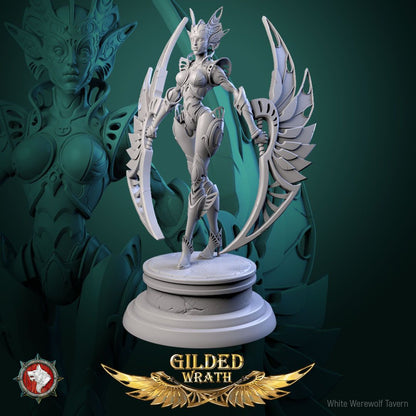 Render of Guardian of the Golden Flame | 32-75mm Construct Miniature: Filigree-masked guardian automaton with crescent blade-wings, from White Werewolf's Gilded Wrath. 32-75mm 3D printed resin construct miniature.