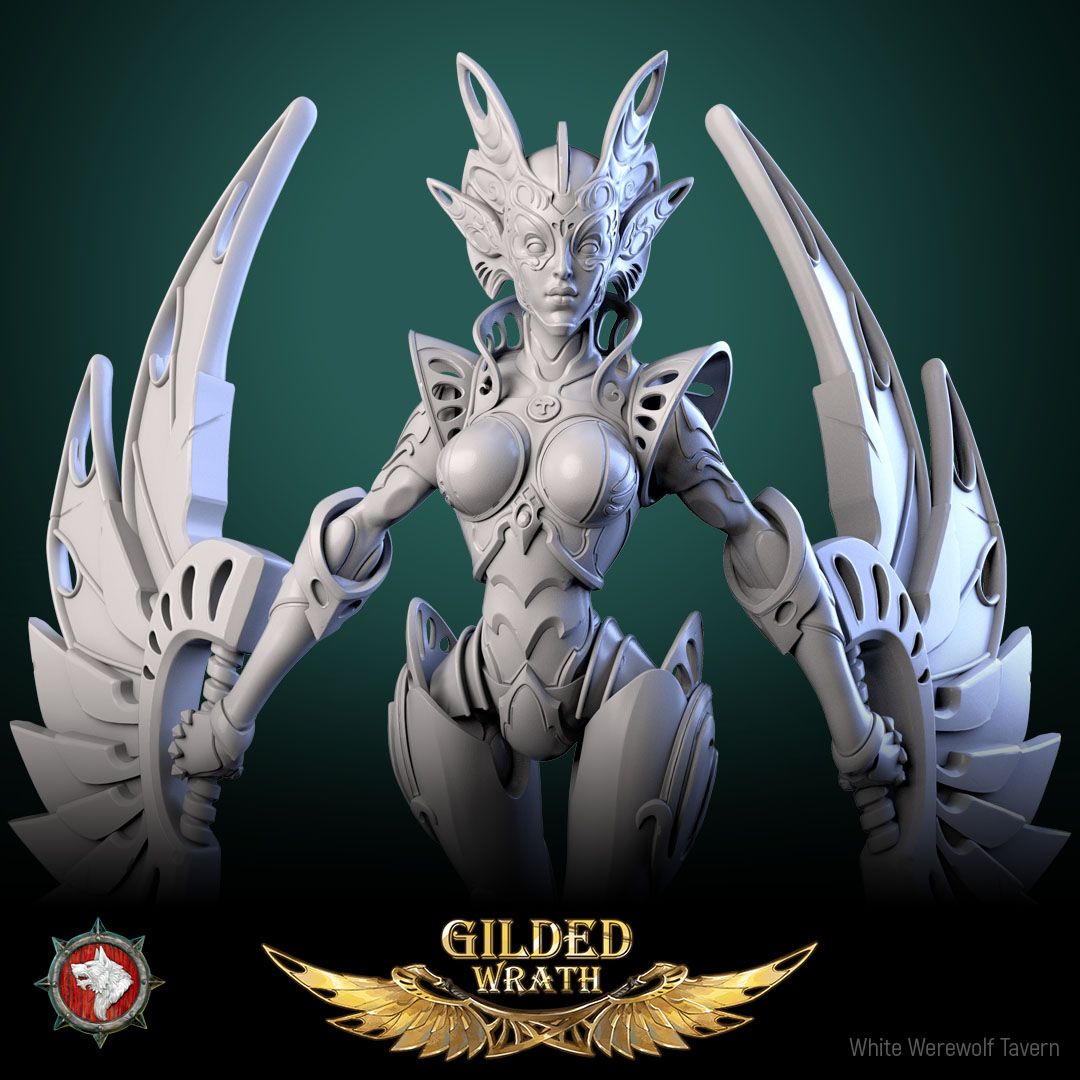 Render of Guardian of the Golden Flame | 32-75mm Construct Miniature: Filigree-masked guardian automaton with crescent blade-wings, from White Werewolf's Gilded Wrath. 32-75mm 3D printed resin construct miniature.