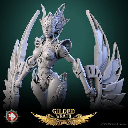 Render of Guardian of the Golden Flame | 32-75mm Construct Miniature: Filigree-masked guardian automaton with crescent blade-wings, from White Werewolf's Gilded Wrath. 32-75mm 3D printed resin construct miniature.