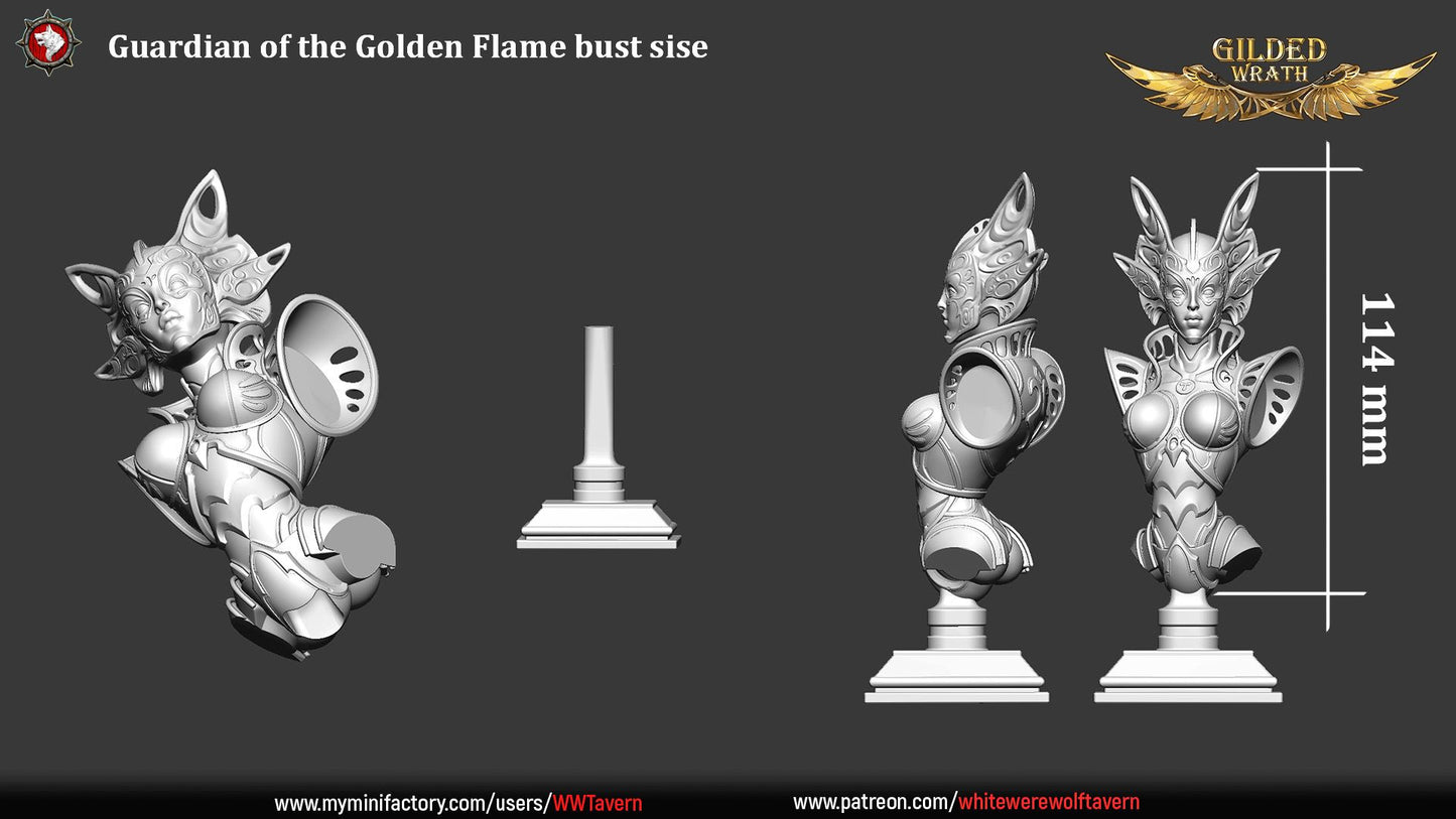 Render of Golden Flame Guardian Bust | Construct Collector Bust: Filigree-masked guardian automaton bust with crest fins, from White Werewolf's Gilded Wrath. 3D printed resin collector bust with stand.