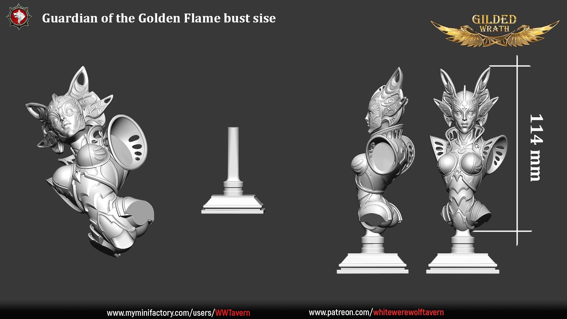 Render of Golden Flame Guardian Bust | Construct Collector Bust: Filigree-masked guardian automaton bust with crest fins, from White Werewolf's Gilded Wrath. 3D printed resin collector bust with stand.