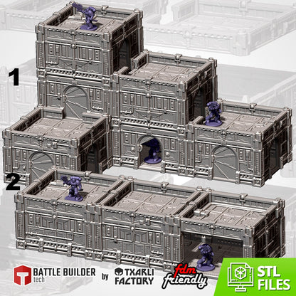 Two assembled hive city buildings, a stacked block and a low row